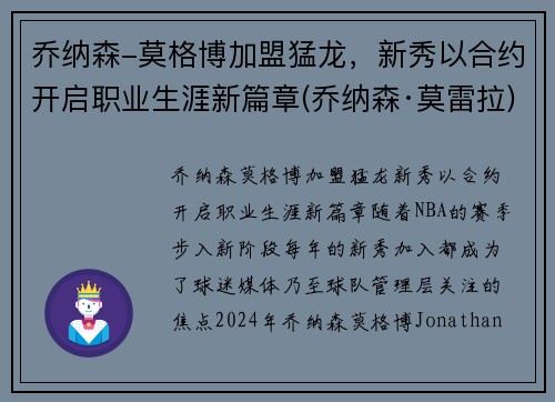 乔纳森-莫格博加盟猛龙，新秀以合约开启职业生涯新篇章(乔纳森·莫雷拉)